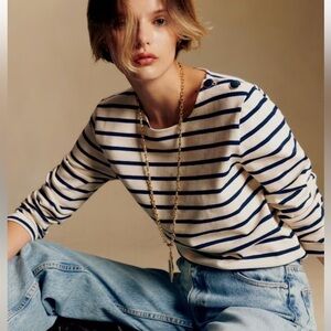 Sezane Collette Marinière cream blue striped heart cotton top, size M